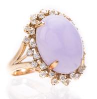 Ladies Lovely 14K Yellow Gold, Lavender Jade Cabochon and Diamond Ring.