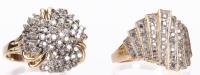 Ladies Pair of 14K Yellow Gold and Diamond Rings. One Especially Fine with Bright White Diamonds Set in a Floral Button Motif.