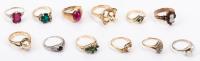 Collection of 11 Ladies Rings in 14K Yellow Gold Having Pearls and Small Precious and Semi-Precious Stones Including Diamonds, E