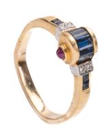 Ladies Very Unusual 18K Yellow Gold and Platinum Ring with Sapphire Baguettes, Ruby Cabochons and Accent Diamonds