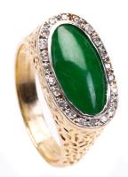 Ladies, Possibly Mens, 14K Yellow Gold, Pebble Finished, Spinach Jade Ring with a Discrete Oval of Accent Diamonds.