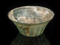 Large Roman Blown Glass Molded Bowl of Translucent Green Glass with Vertical Ribbing Completely Surrounding Vessel. 2nd-4th Cent