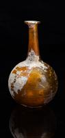 Honey Colored, Ancient Early Roman Globular Glass Unguentarium, 1st- 3rd Century AD and Having Thin Threaded Decoration, 12.7 cm