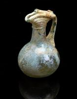 Ancient Roman Glass Trefoil Rim Pitcher with Applied Strap Handle, 3rd-4th Century AD, Beautiful Iridescence Throughout, 12.7 cm