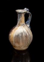 Molded Roman Translucent Glass Juglet with Cobalt Blue Strapped Handle and Ribbed Body, 7.6 cm