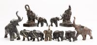 A Stampede of Vintage Elephants: 5 Pairs and a Matching Set of Three for a Total of 13 pieces Mix of Patinated Bronze an