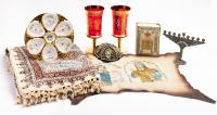 Judaica Collection: Three (3) Hand Printed Cotton Tablecloths, Jewish Bible Sinai Publishing, Two Bohemian Glass Kiddish Cups, S