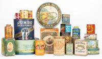 Outstanding Collection of Tin, Paper and Wood Commercial Containers from the 1920s-1930. 25 Pieces Total