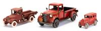 One Medium Tin Truck Restored and Two Small Cast Iron Vehicles. All Three With Great Visual Appeal