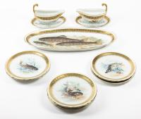 Superior Royal Bayreuth Fish Plate Set and Two Gravy Boats with Hand Painted Freshwater Fish and Heavy Gilt Gold Trim. ca. 1920s