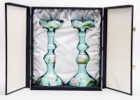 Pair of Large Enameled Silver (.999 Fine) and Enamel Candlesticks in Custom Fitted Case