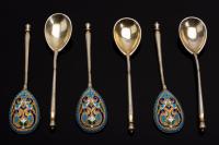 Six Exquisite Imperial Russian Enamel Demitasse Spoons of Superior Quality. ca. 1899-1908