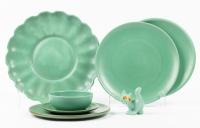 Catalina Island Pottery: 7 Pieces in Descanso Green Plus Including a 4 Piece Setting and a Superior Chop Plate.