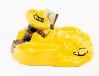 Catalina Island Pottery: Highly Collected "Man Taking Siesta" Pipe Holder and Matchbook Ashtray in Yellow. Superior Condition.