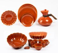 Catalina Island Pottery: Large Collection of Toyon Red Pieces Including a Carafe, Large Scalloped Bowl, 3 Plates, Demitasse Cups