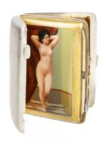 Rare and Unusual, Austrian .800 Silver Cigarette Case with a Secret Hand Painted Enamel Panel of a Playful, Rubenesque Nude Woma