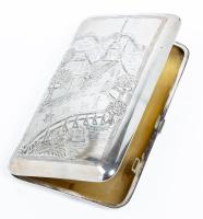 Gentleman's Mappin & Webb Sterling Silver Cigar Case with Hand Chased Village Scene in Excellent Condition.