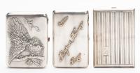 Three Fine Large Men's .875 Silver Cigarette Cases, One With 14K Gold Inscriptions, Another Having a Very Detailed Repousse Imag