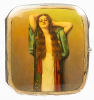 Rare Antique Sterling Silver and Enamel Cigarette Case with Lovely, Partially Dressed Woman in Robe, Early 20th Century