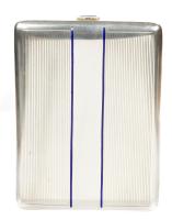 Handsome Men's Silver Cigarette Case (.900-.925), Very Tailored Pin Stripe Design Higlighted with Two Blue Enamel Lines. Classy.