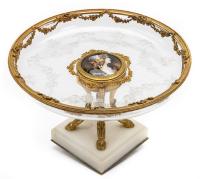 Exceptional, Vintage Bon Bon Dish with Artfully Etched Crystal and a Superior Hand Painted Limoges Medallion in Center.