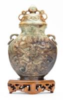 Large Hardstone Oval Bottle with Ornately Carved Lid on Custom Carved Stand