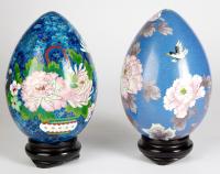 Pair of Beautiful Chinese CloisonnÃ© Eggs. Chrysanthemums and Cherry Blossoms in an Explosion of Blues, Pinks and Greens,