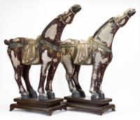 Impressive Pair of Wooden Chinese Horses Plated in a Mosaic of Ox Bone with Polychrome Colors, Each 33" Tall