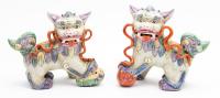 Pair of Playful Porcelain Foo Dogs, Male and Female with an Explosion of Polychrome Colors
