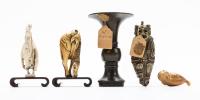 Collection of 5 Japanese Pieces: Antique Temple Oil Lamp, Three Netsukes and an Antique Metal Okinomo of Some Age