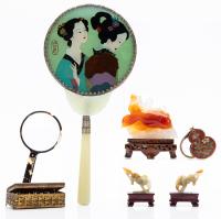 Collection of Chinese Crafts: Carved Nephrite Jade, Agate Box, Hand Mirror, Mock Tortoise Shell Magnifying Glass and Clo