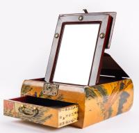 Charming Vintage Chinese Rosewood Jewelry Box with Mirror Decorated with Hand Painted Figures of Women Dancing in a Fiel