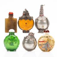 Collection of Six (6) Snuff Bottles: Three Tibetan Silver Bottles, Two Inside Painted Bottles and One Dark Glass Bottle