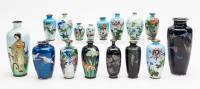 12 Vintage Chinese Enamel Vases 1950-1970. Nine (9) in Graduations of White to Sky Blue. 3 Dramatic Black Vases with Inlay and E