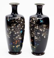 Two Large CloisonnÃ© Vases Each With Bluebirds and Very Intricate Cherry Blossom Trees with Colorful Flowers at Bast