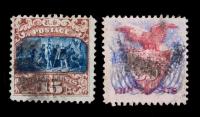 15Â¢ brown & blue, type II & 30Â¢ ultramarine & carmine used stamps