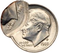 1988-P Roosevelt Mint ERROR. Complete 2nd struck 70% off-center