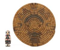 Antique Hopi Coiled Basketry Tray/Plaque and vintage 50's Kachina Doll