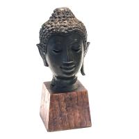 Antique Bronze Head of Sukhothai Buddha on Wood Pedestal