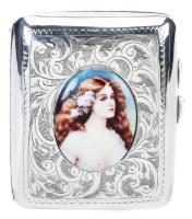 Sterling Silver Cigarette Case with Foliate Etching and Painted Cameo