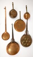 Collection of Six (6) Antique Copper and Tined Pans and Cookware, Two with Long Wrought Iron Handles, the others Brass. - 2