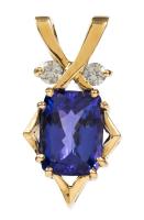 Exceptional Ladies 14K Yellow Gold pendant with a 6.28 Carat Oval Tanzanite Accented with Two (2) 10 pt. Diamonds - 2