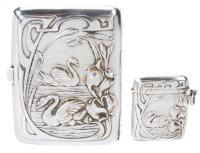 Matching Art Nouveau Silver Cigarette Case and Vesta Match Safe, RepoussÃ© Swans and Foliate Designs Beautifully Crafted.