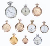 Collection of 10 Pocket Watches with 5 Keeping Time. Combination of Hunter Cases and Open Face.