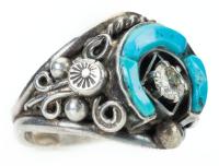 Most Unusual Native American (Hopi) .31 Carat Diamond Ring set in Sterling Silver with Sleeping Beauty Turquoise. A Rare