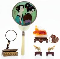 Collection of Chinese Crafts: Carved Nephrite Jade, Agate Box, Hand Mirror, Mock Tortoise Shell Magnifying Glass and Clo - 2