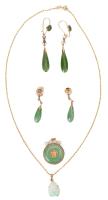 Two Pair of 14K Yellow Gold and Jade Earrings, One 14K Yellow Gold Chain with a Happy Buddha Pendant and one Round Jade