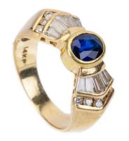 Ladies 14K Yellow Gold Diamond and Sapphire Ring in an Art Deco Revival Pattern