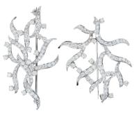 Pair of Lady's 14K White Gold Pins each with .75 Carats of Diamonds Appering as if Branches Frozen with Ice