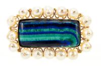 Lady's Very Unusual Pendant/Brooch of 14K Yellow Gold, Malachite and Pearls